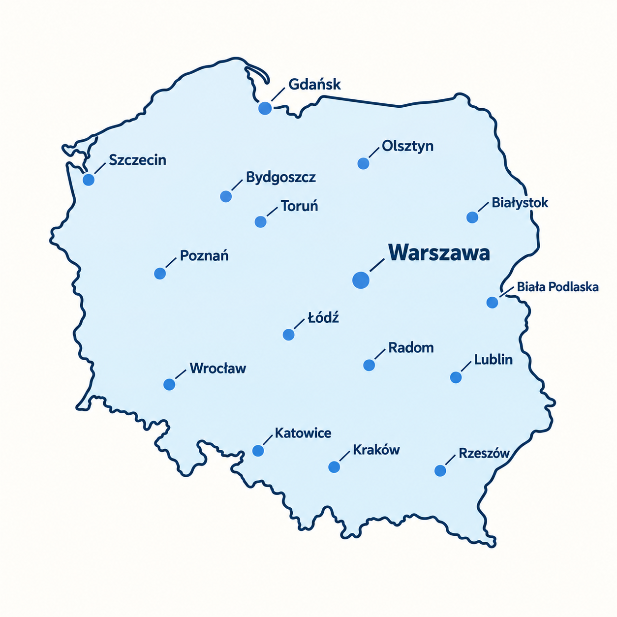 Dojazd na terenie całej Polski — mapa z Warszawą i największymi miastami oraz Białą Podlaską.